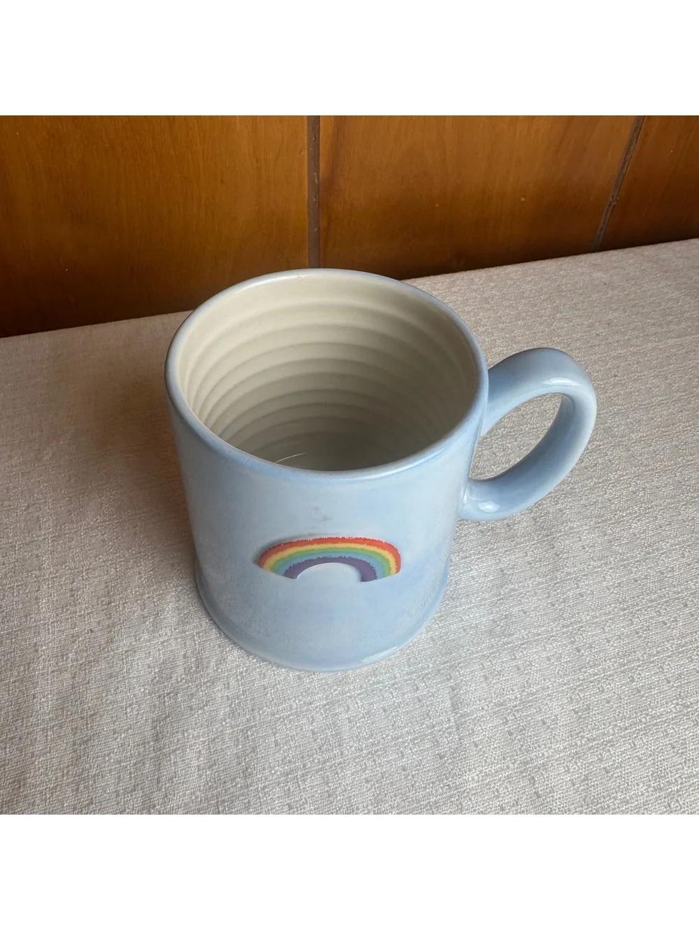 The Old Pottery Company Rainbow Mug Blue Ceramic Coffee Cup 3.75”